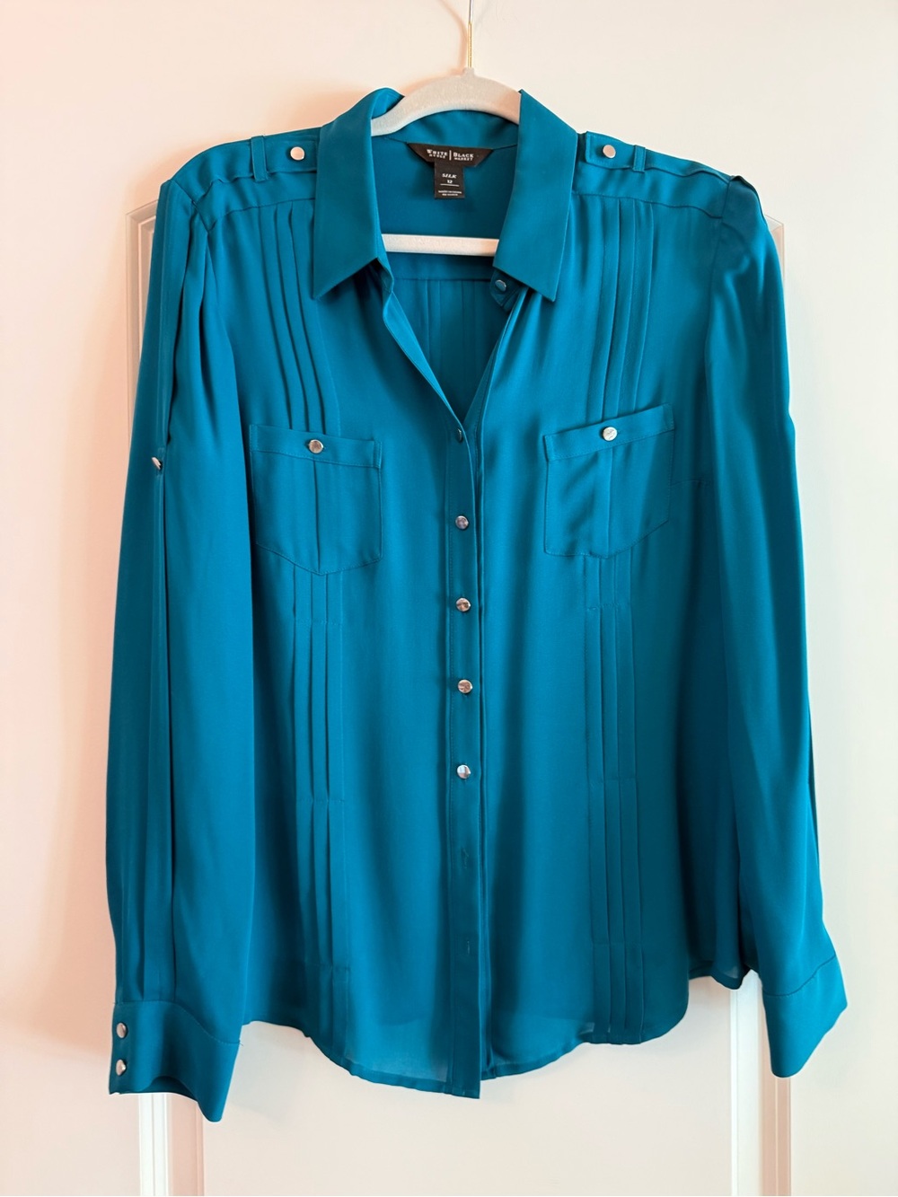 White House Black Market Teal Button-Front Pleated Blouse
